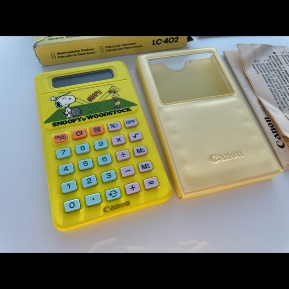 VINTAGE PEANUTS SNOOPY WOODSTOCK CANON CALCULATOR LC-33 - YELLOW WITH CASE - Picture 2 of 5